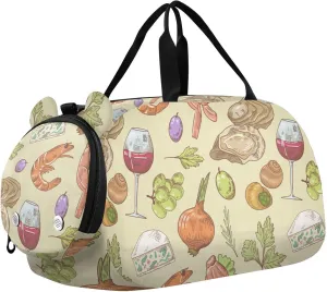 VIGTRO Wine Seafood and Cheese Kids Overnight Travel Duffel Bag Sport Gym Bag for Boys Girls with Shoe Compartment, Food Carry On Weekender Luggage Bag for Dance Swim Yoga