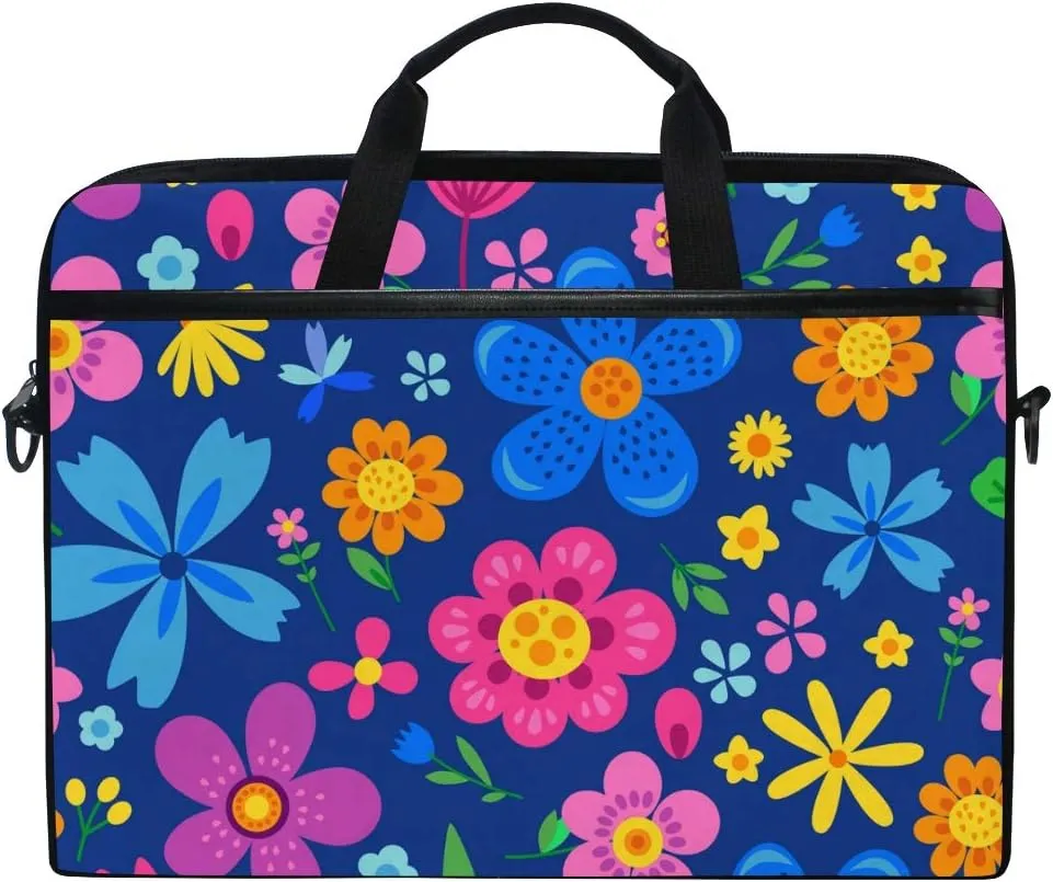 VIKKO Cute Colorful Flowers Blue Floral Laptop Bag for Most 11.6-14inch Laptops/Tablets/Ultrabooks, Stylish Shockproof Laptop Case Sleeve Briefcase Computer Bag with Shoulder Strap