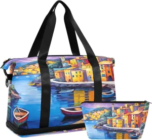 Village Painting Gym Bag - Weekender Overnight Bags for Women Men, Sport Travel Duffel Bag with Wet Pocket & Shoe Compartment