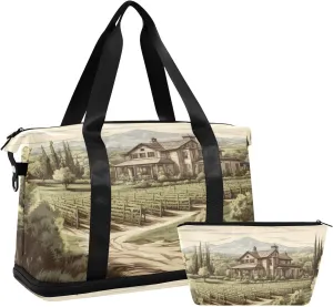Village Path Gym Bag - Weekender Overnight Bags for Women Men, Sport Travel Duffel Bag with Wet Pocket & Shoe Compartment
