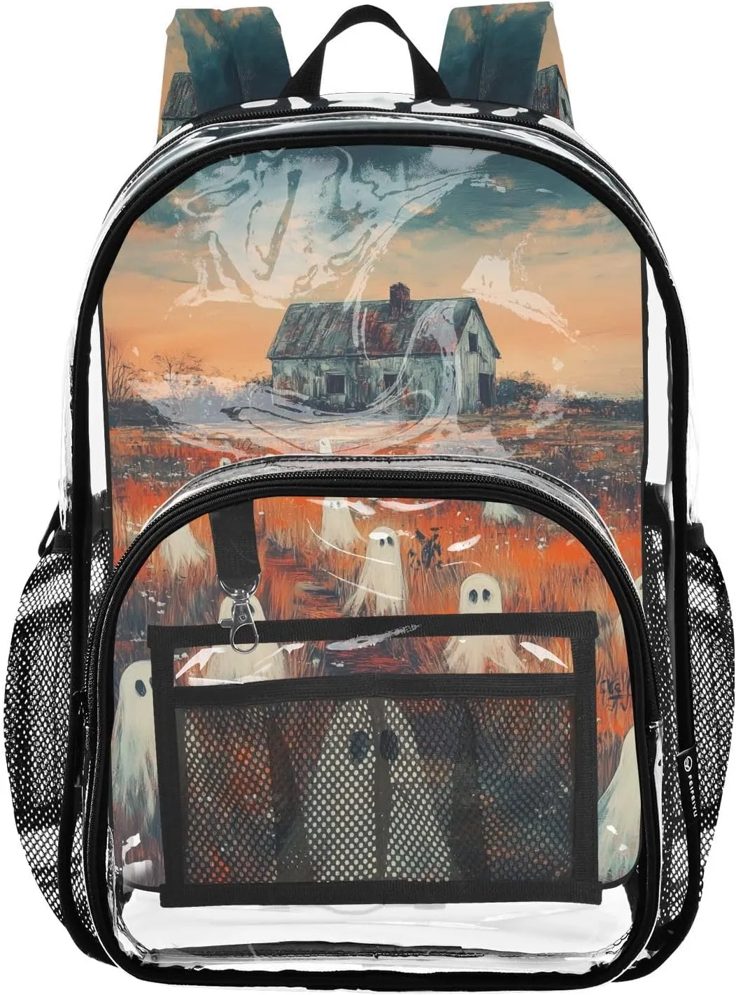 Vintage Oil Painting Ghostly Clear Backpack Boy Girl Kids Heavy Duty PVC Transparent Bookbag School Bag with Multiple Compartments