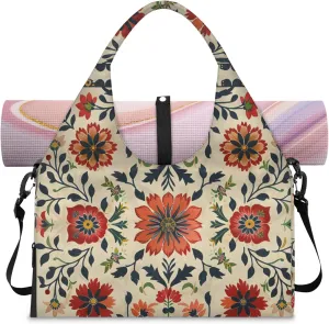 Vintage Red Print Women's Yoga Gym Bag - Adjustable shoulder strap with shoe compartment, large gym bag with multiple pockets for yoga mat, gym equipment and travel accessories