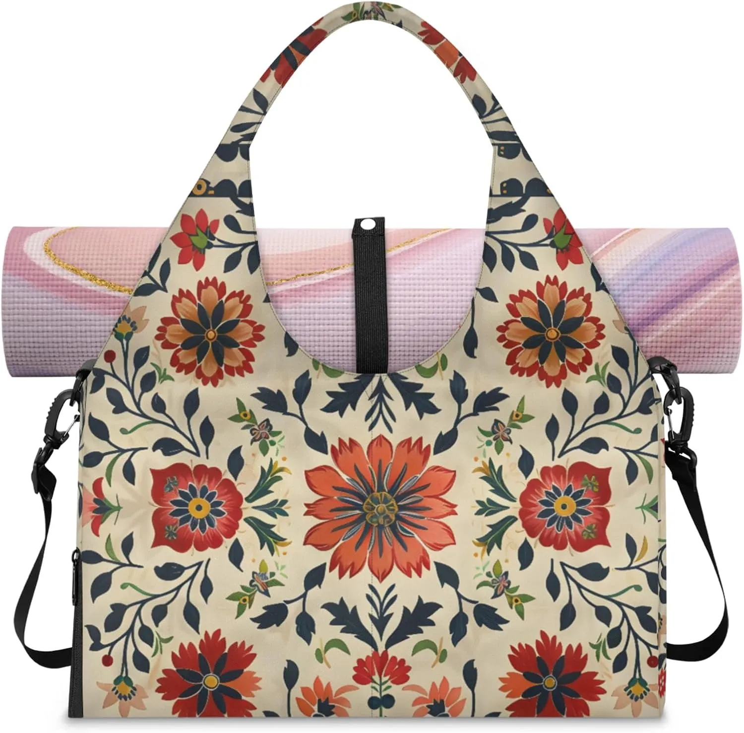 Vintage Red Print Women's Yoga Gym Bag - Adjustable shoulder strap with shoe compartment, large gym bag with multiple pockets for yoga mat, gym equipment and travel accessories