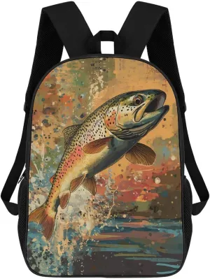 Vintage Trout Fish Jumping 17 Inch Travel Backpack Casual Daypacks Computer Shoulder Bag for Work Shopping Unisex