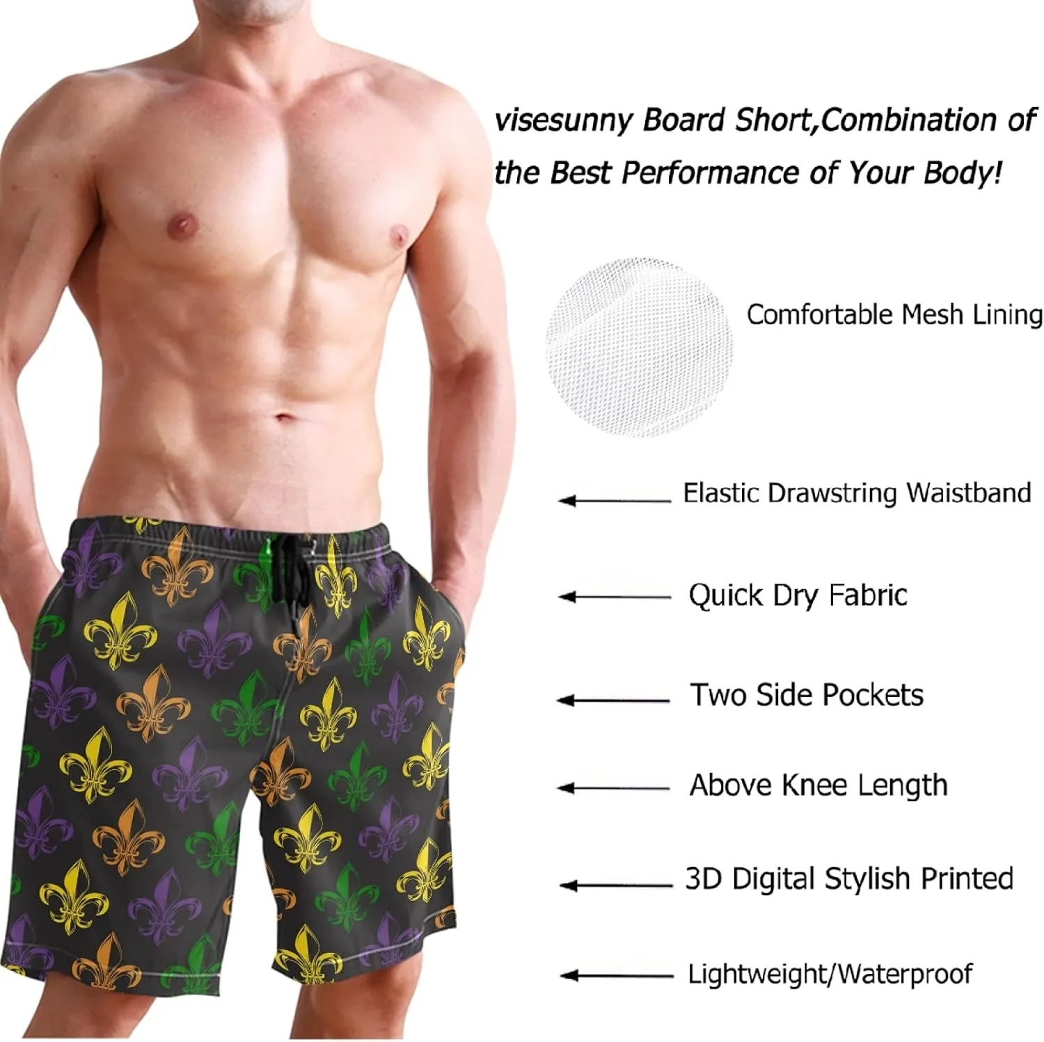 visesunny Fashion Funny Style Men's Beach Shorts Swim Trunks Quick Dry Casual Polyester Swim Shorts with Pockets S-XXL