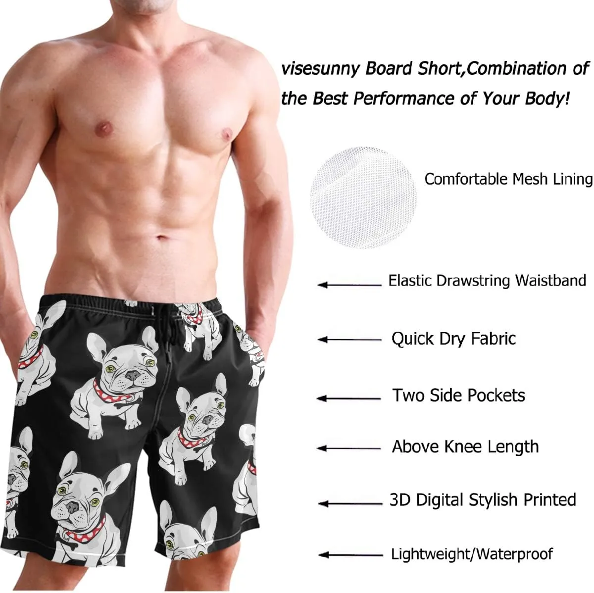 visesunny Hawaiian Men's Summer Beach Shorts Swim Trunks Sports Running Bathing Suits with Mesh Lining