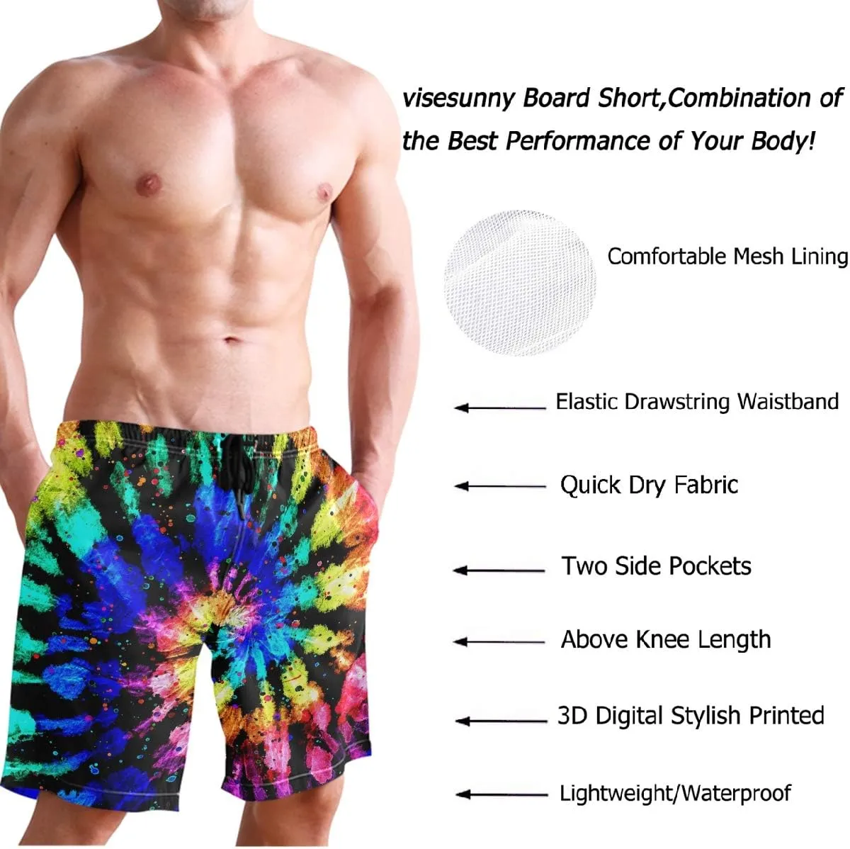 visesunny Hawaiian Men's Summer Beach Shorts Swim Trunks Sports Running Bathing Suits with Mesh Lining