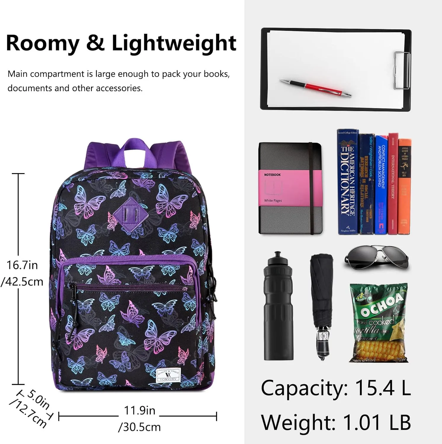 VX VONXURY School Backpack for Men Women,Lightweight Classic Basic Bookbag Simple Kids Black Backpack for College Travel