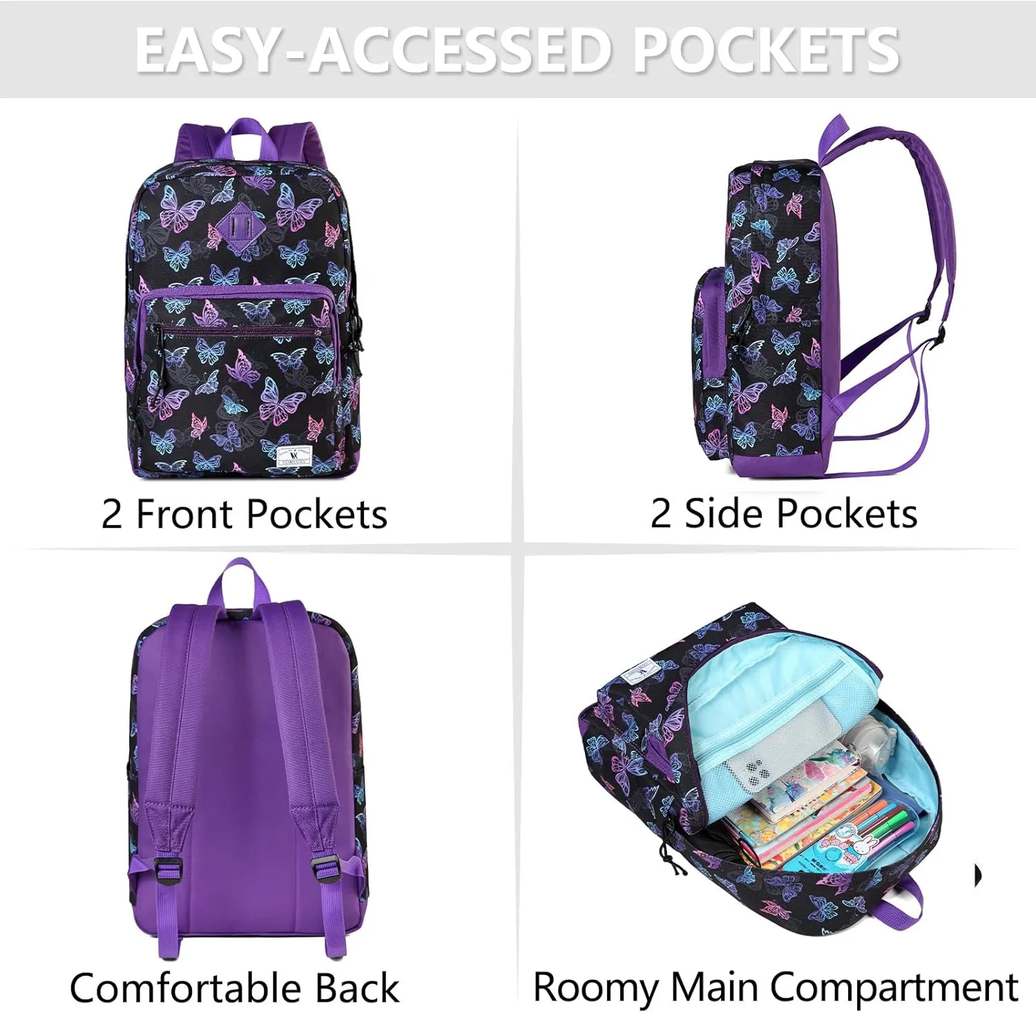VX VONXURY School Backpack for Men Women,Lightweight Classic Basic Bookbag Simple Kids Black Backpack for College Travel