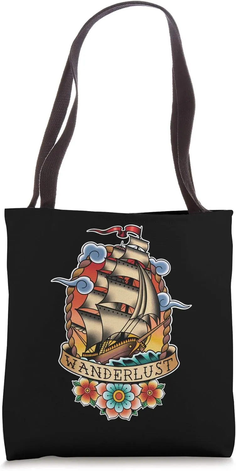 Wanderlust, Old School Traditional Tattoo Flash Clipper Ship Tote Bag