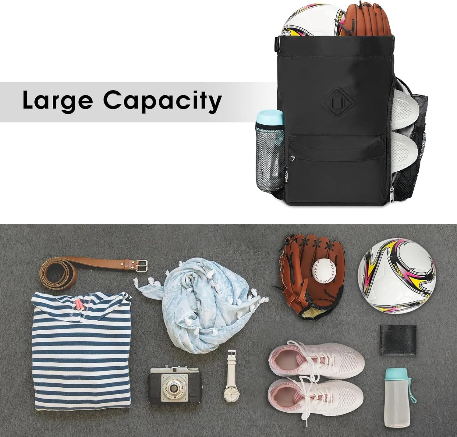 WANDF Drawstring Backpack Sports Gym Bag with Shoes Compartment, Water-Resistant String Backpack Cinch for Women Men (Small,Black)