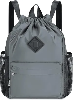 WANDF Drawstring Backpack Sports Gym Bag with Shoes Compartment, Water-Resistant String Backpack Cinch for Women Men(Small,Grey)