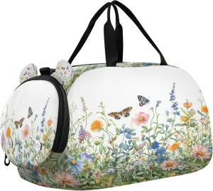 Watercolor Wildflowers Youth Sports & Travel Duffle Bag with Shoe Compartment,Waterproof Gym Bag for Girls and Boys (Overnight Essentials Organizer)
