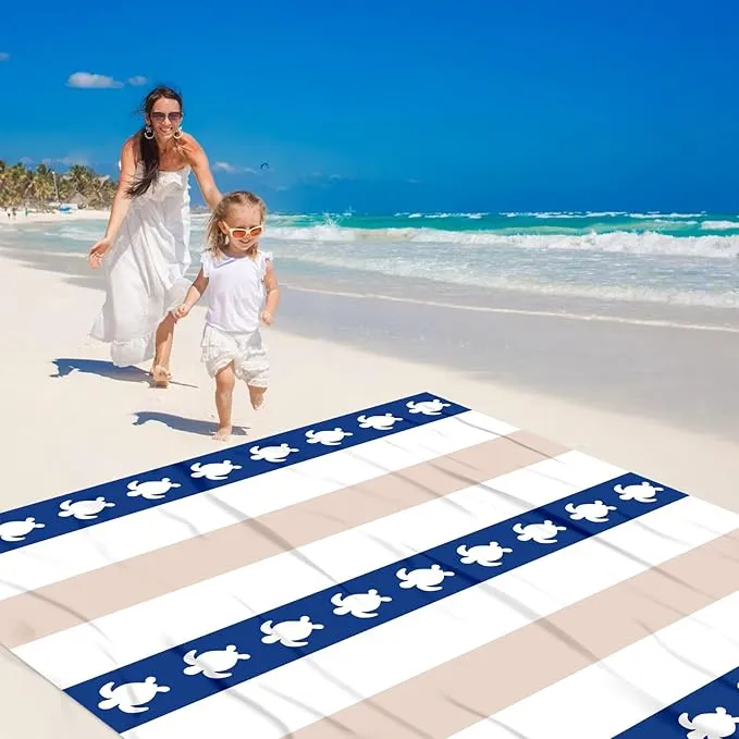 Waterproof Sandproof Beach Blanket, Blue Stripe Turtle Beach Mat Oversized for 2-4 Person, Compact Sand Free Quick Dry Polyester Outdoor Picnic Blanket for Travel, Camping, Hiking