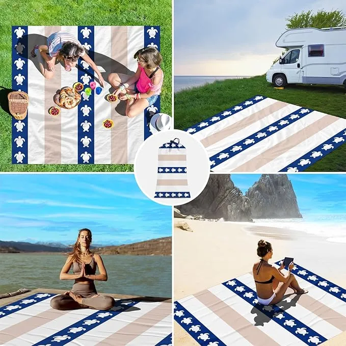Waterproof Sandproof Beach Blanket, Blue Stripe Turtle Beach Mat Oversized for 2-4 Person, Compact Sand Free Quick Dry Polyester Outdoor Picnic Blanket for Travel, Camping, Hiking