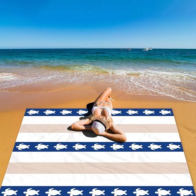 Waterproof Sandproof Beach Blanket, Blue Stripe Turtle Beach Mat Oversized for 2-4 Person, Compact Sand Free Quick Dry Polyester Outdoor Picnic Blanket for Travel, Camping, Hiking