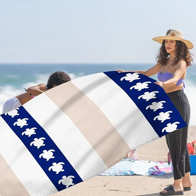 Waterproof Sandproof Beach Blanket, Blue Stripe Turtle Beach Mat Oversized for 2-4 Person, Compact Sand Free Quick Dry Polyester Outdoor Picnic Blanket for Travel, Camping, Hiking