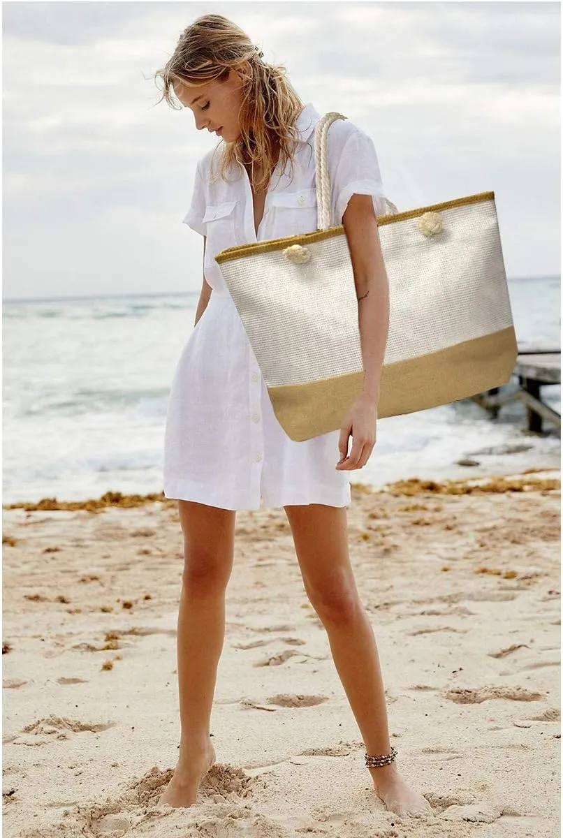 We We Large Beach Tote bag for Women Canvas Straw Tavel Tote Bag Waterproof Shoulder Bag Handbag for Gym Swim