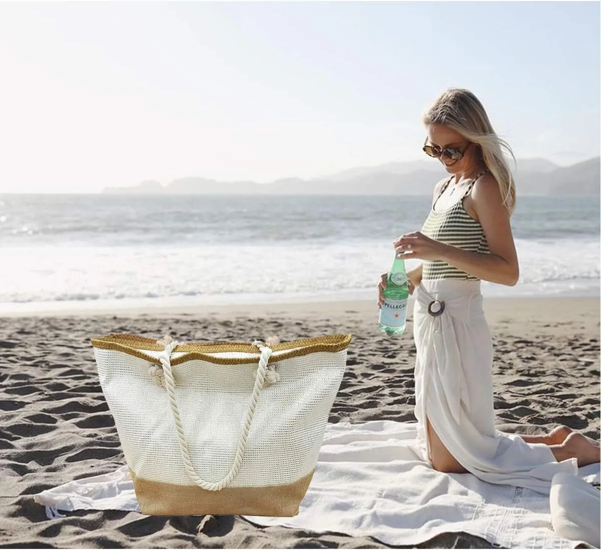 We We Large Beach Tote bag for Women Canvas Straw Tavel Tote Bag Waterproof Shoulder Bag Handbag for Gym Swim