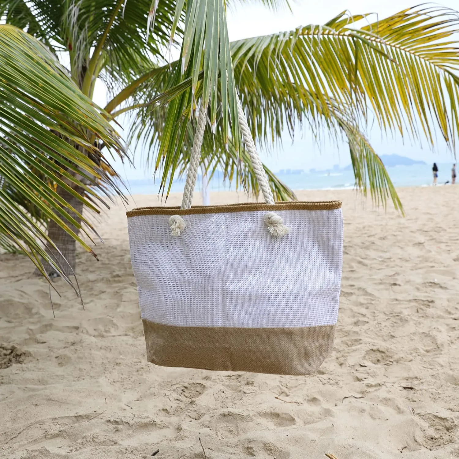 We We Large Beach Tote bag for Women Canvas Straw Tavel Tote Bag Waterproof Shoulder Bag Handbag for Gym Swim