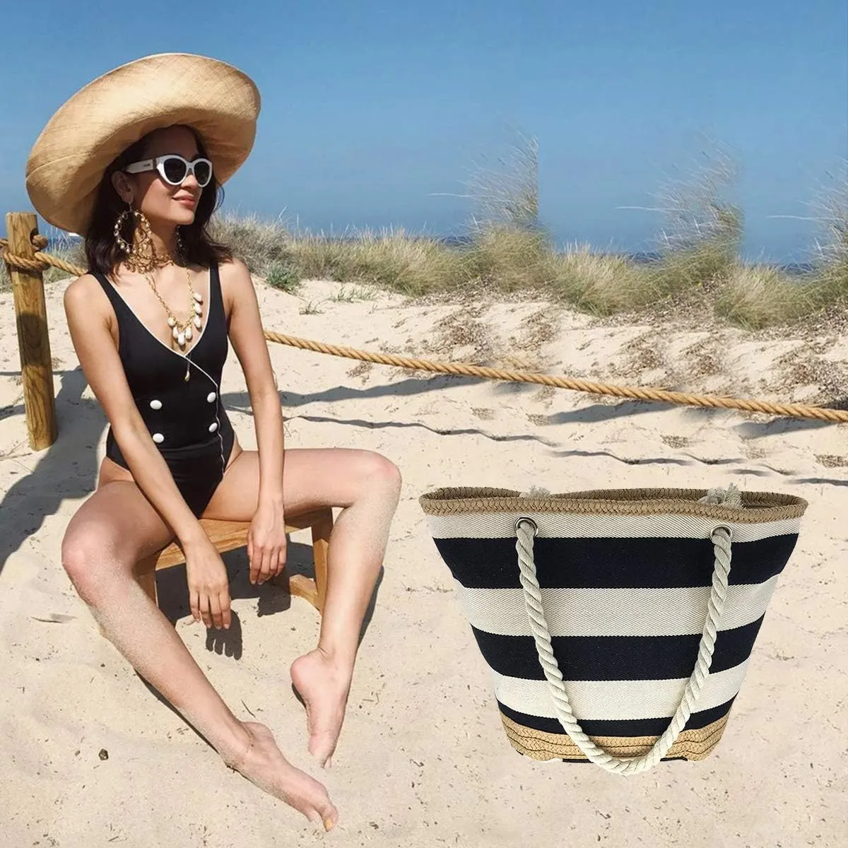 We We Large Canvas Straw Beach Pool Bag Waterproof Beach Tote Bags for Women Travel Shoulder Handbag