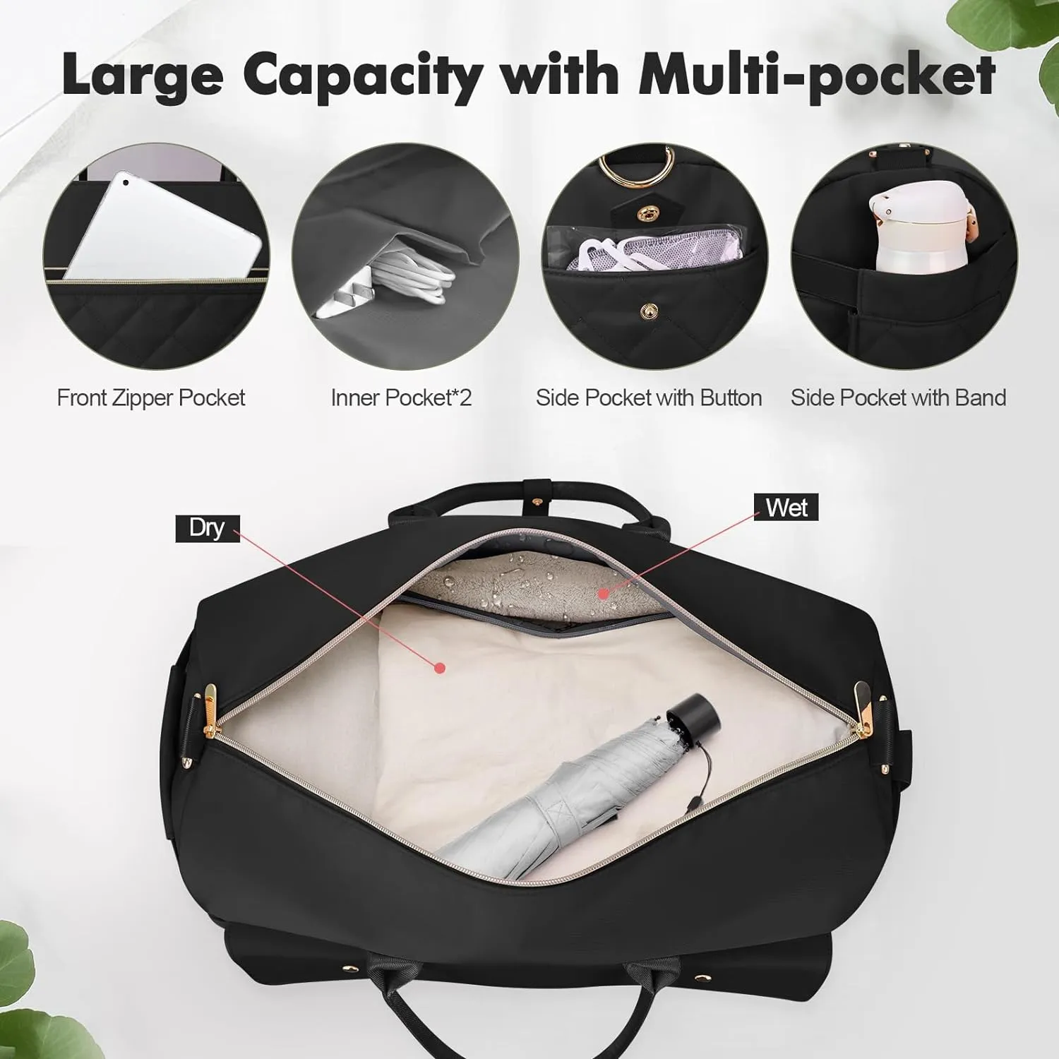 Wedama Weekender Bags for Women, Large Travel Duffel Bag with Shoe Compartment, Carry on Overnight Bag with Toiletry Makeup Bag, Gym Duffel Bag Travel Tote Bag for Travel Gym Camping Hospital, Black