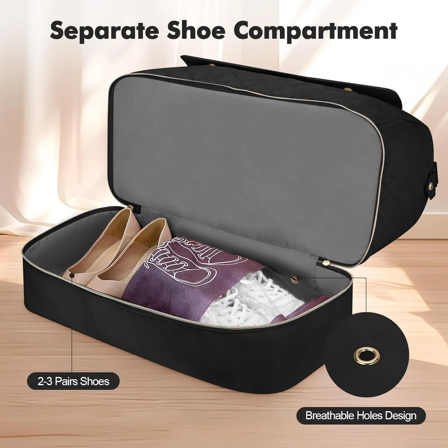 Wedama Weekender Bags for Women, Large Travel Duffel Bag with Shoe Compartment, Carry on Overnight Bag with Toiletry Makeup Bag, Gym Duffel Bag Travel Tote Bag for Travel Gym Camping Hospital, Black