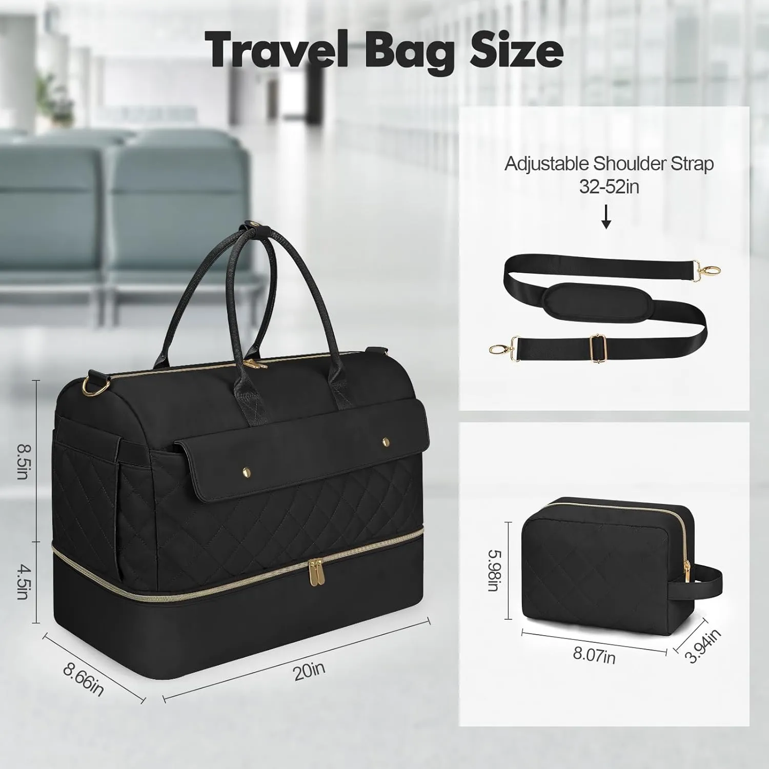 Wedama Weekender Bags for Women, Large Travel Duffel Bag with Shoe Compartment, Carry on Overnight Bag with Toiletry Makeup Bag, Gym Duffel Bag Travel Tote Bag for Travel Gym Camping Hospital, Black