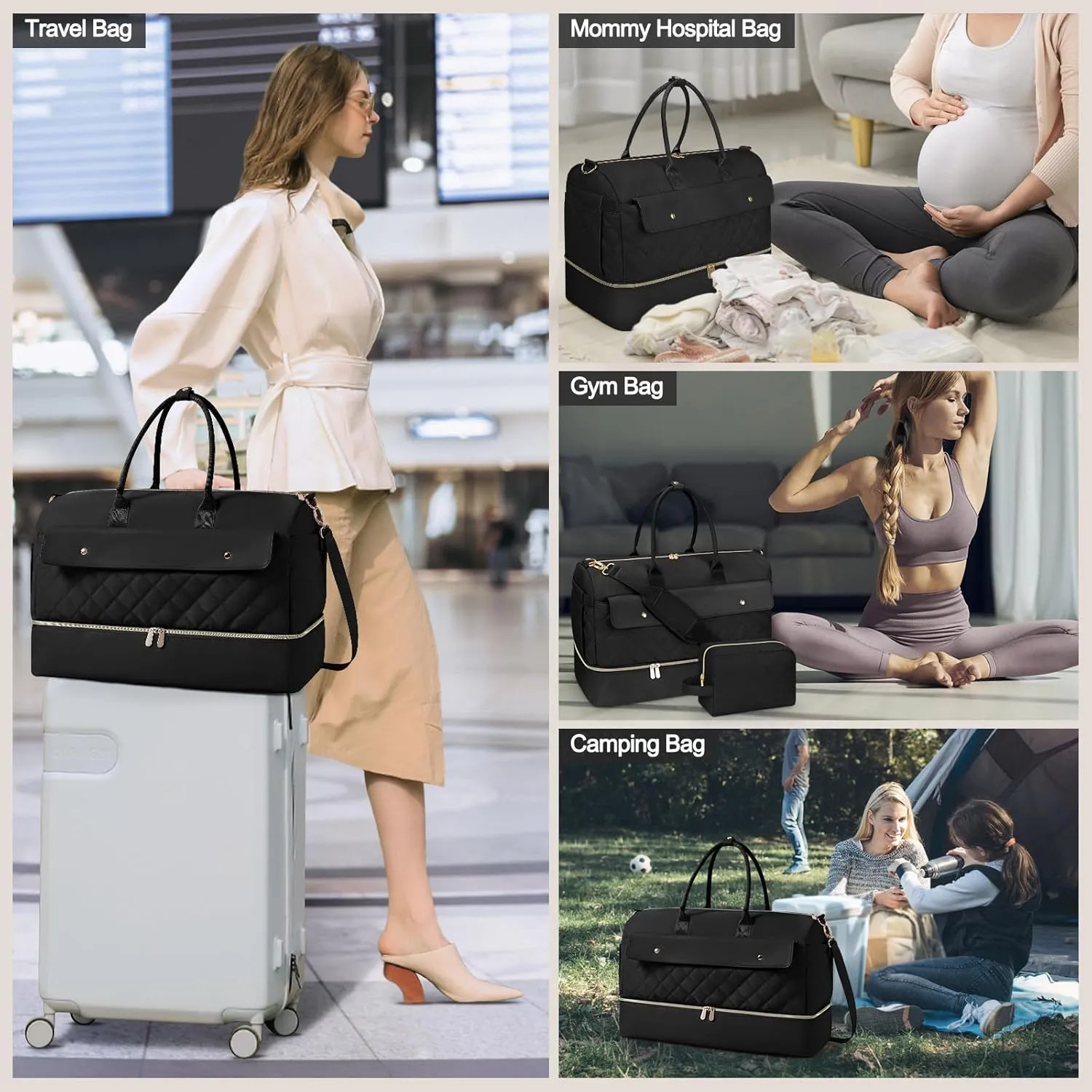 Wedama Weekender Bags for Women, Large Travel Duffel Bag with Shoe Compartment, Carry on Overnight Bag with Toiletry Makeup Bag, Gym Duffel Bag Travel Tote Bag for Travel Gym Camping Hospital, Black
