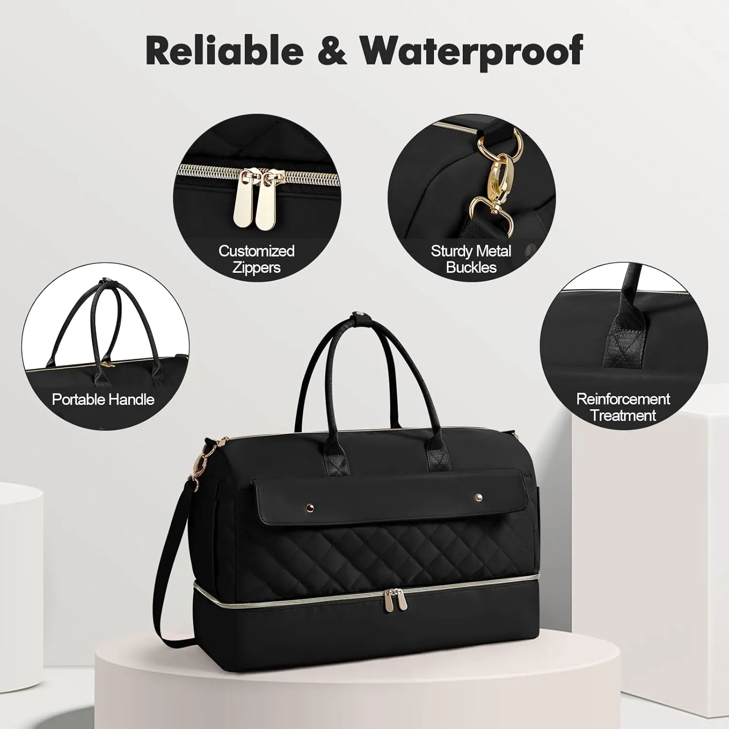 Wedama Weekender Bags for Women, Large Travel Duffel Bag with Shoe Compartment, Carry on Overnight Bag with Toiletry Makeup Bag, Gym Duffel Bag Travel Tote Bag for Travel Gym Camping Hospital, Black
