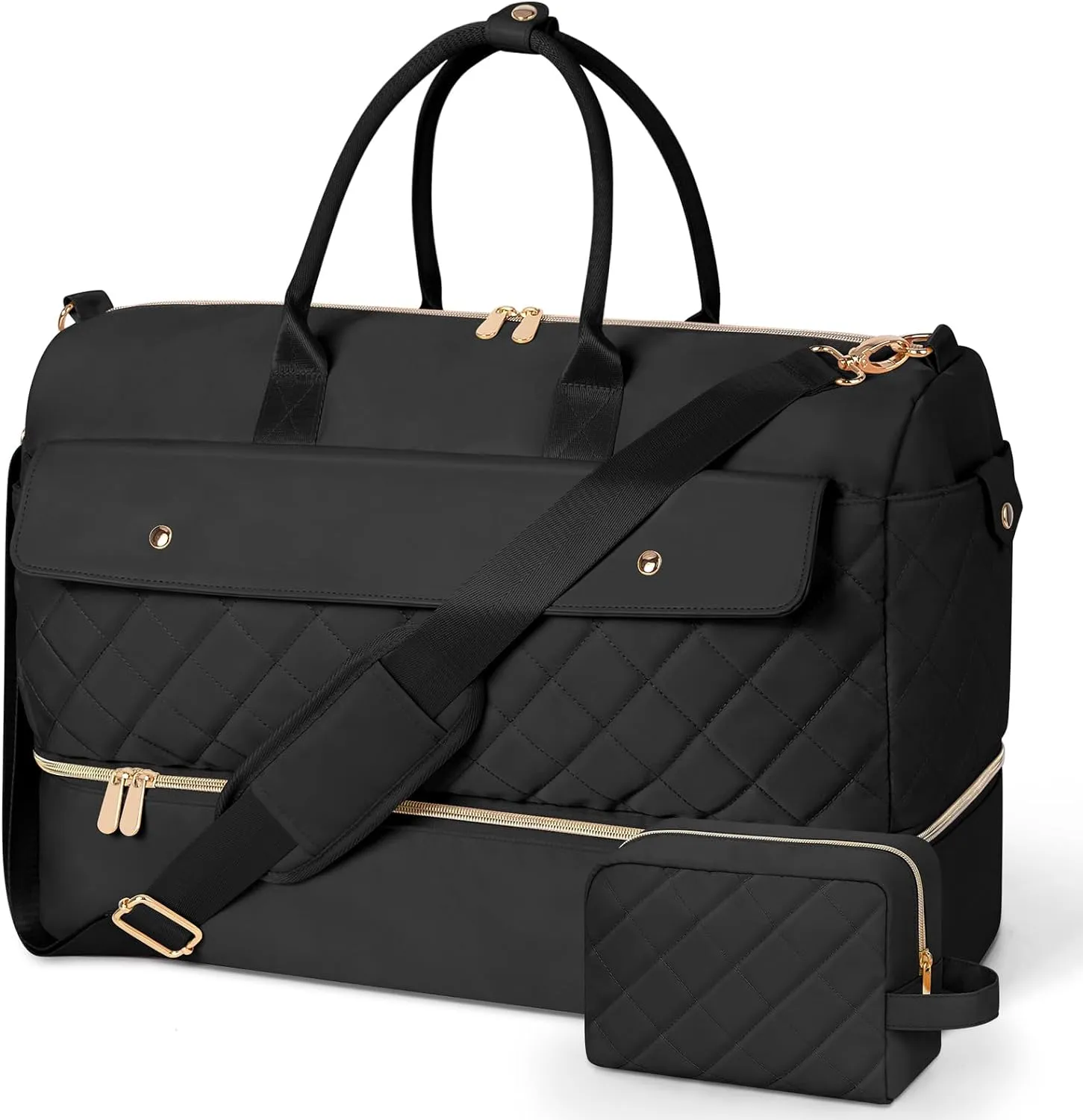 Wedama Weekender Bags for Women, Large Travel Duffel Bag with Shoe Compartment, Carry on Overnight Bag with Toiletry Makeup Bag, Gym Duffel Bag Travel Tote Bag for Travel Gym Camping Hospital, Black