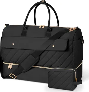Wedama Weekender Bags for Women, Large Travel Duffel Bag with Shoe Compartment, Carry on Overnight Bag with Toiletry Makeup Bag, Gym Duffel Bag Travel Tote Bag for Travel Gym Camping Hospital, Black