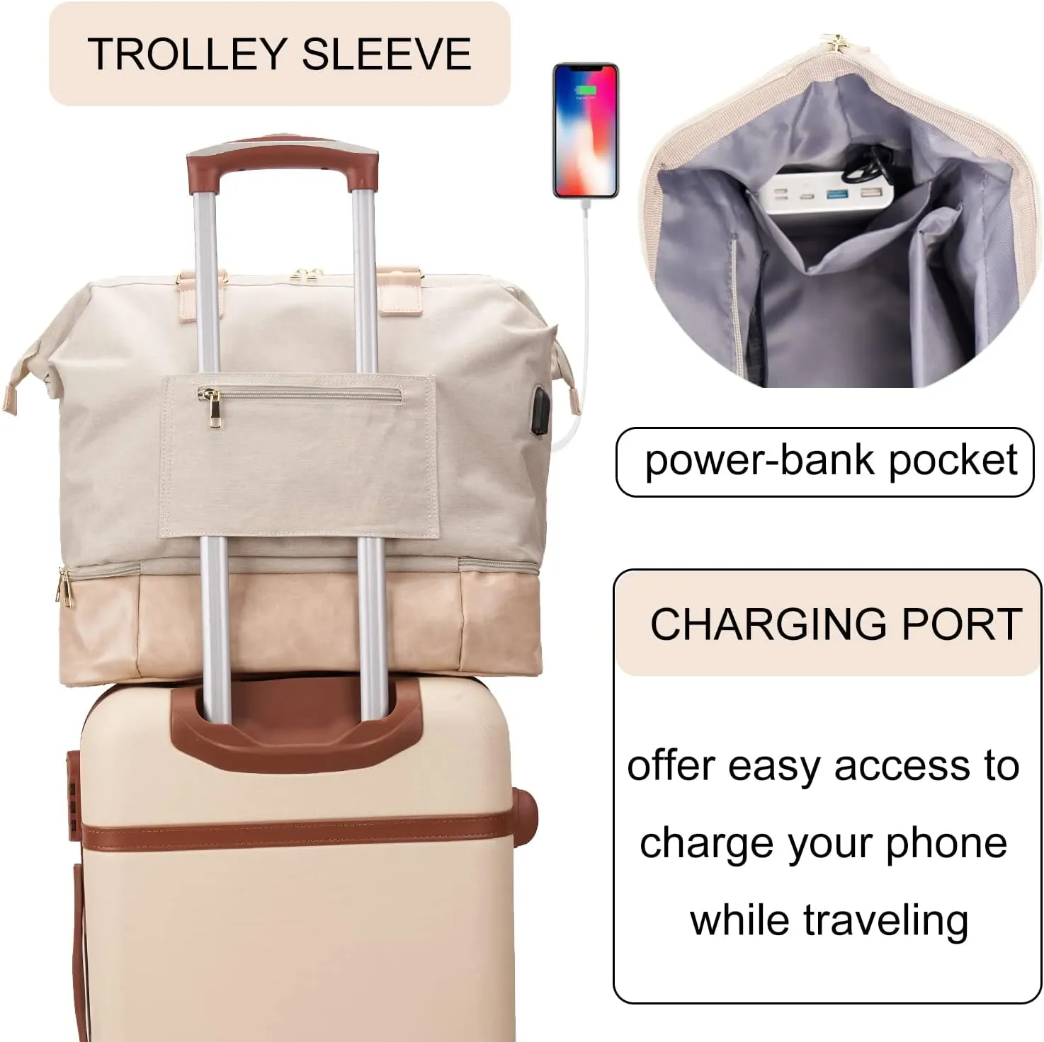 Weekender Bag with Shoe Compartment Travel Duffle, Carry On 20 Inch, Beige