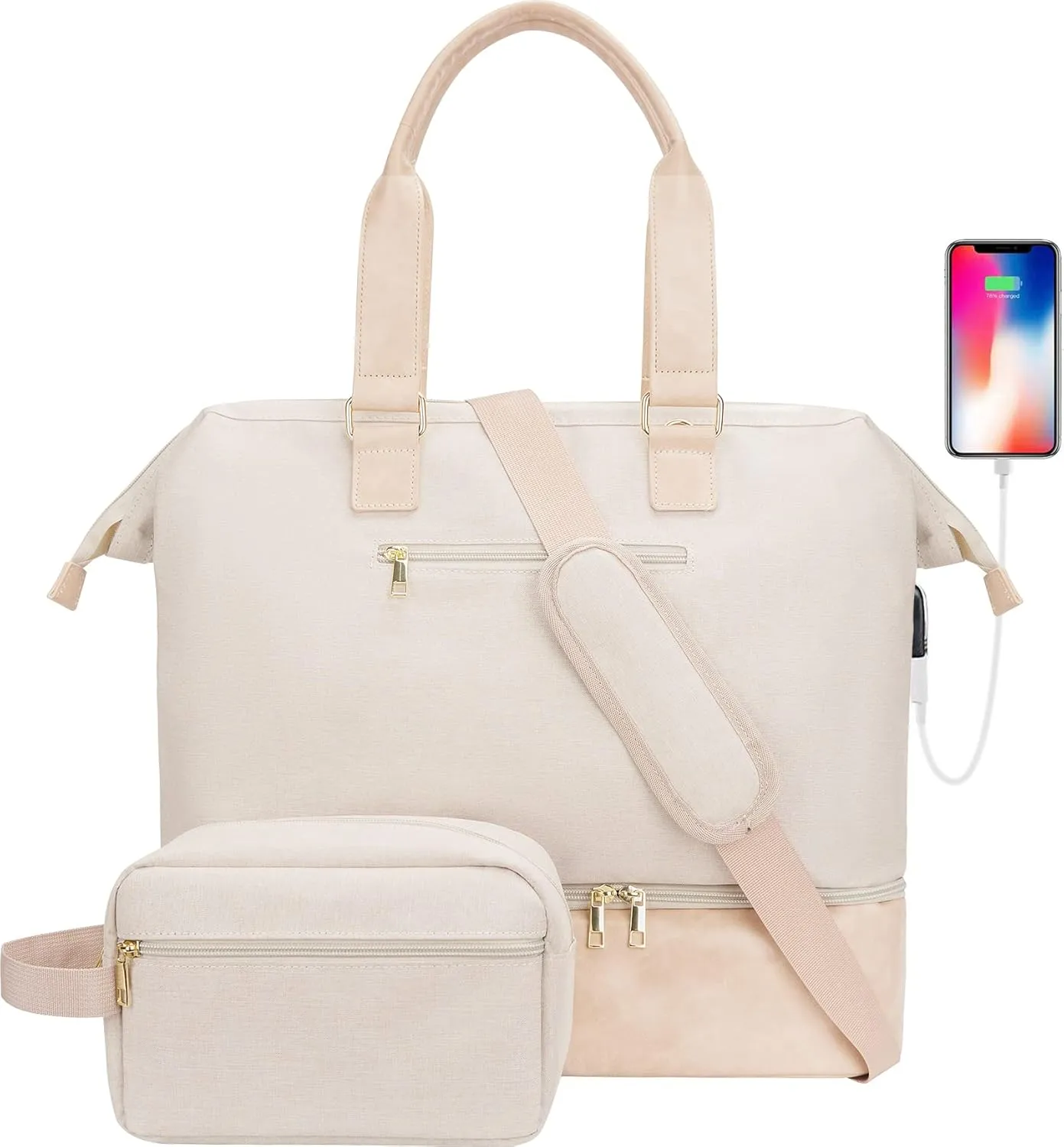 Weekender Bag with Shoe Compartment Travel Duffle, Carry On 20 Inch, Beige