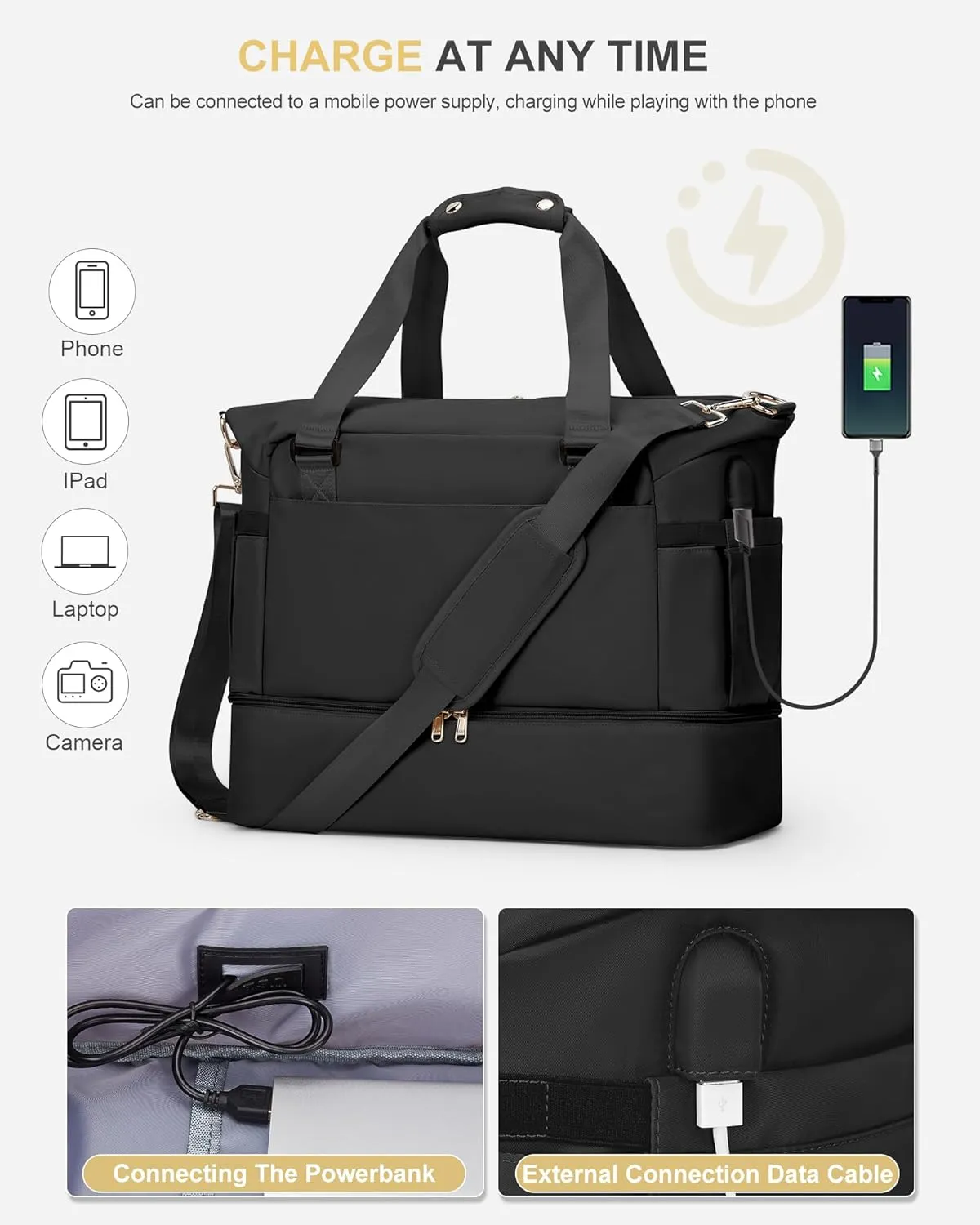 Weekender Bags for Women, Travel Duffel with Shoe Compartment USB Charging, Carry On Gym Duffle Bag with Wet Pocket, Personal Item Overnight Tote Bag for Airlines Black
