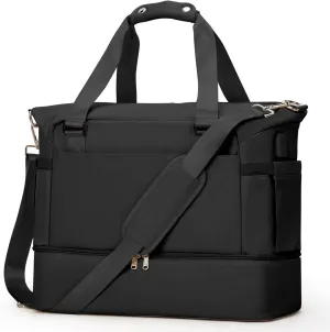 Weekender Bags for Women, Travel Duffel with Shoe Compartment USB Charging, Carry On Gym Duffle Bag with Wet Pocket, Personal Item Overnight Tote Bag for Airlines Black