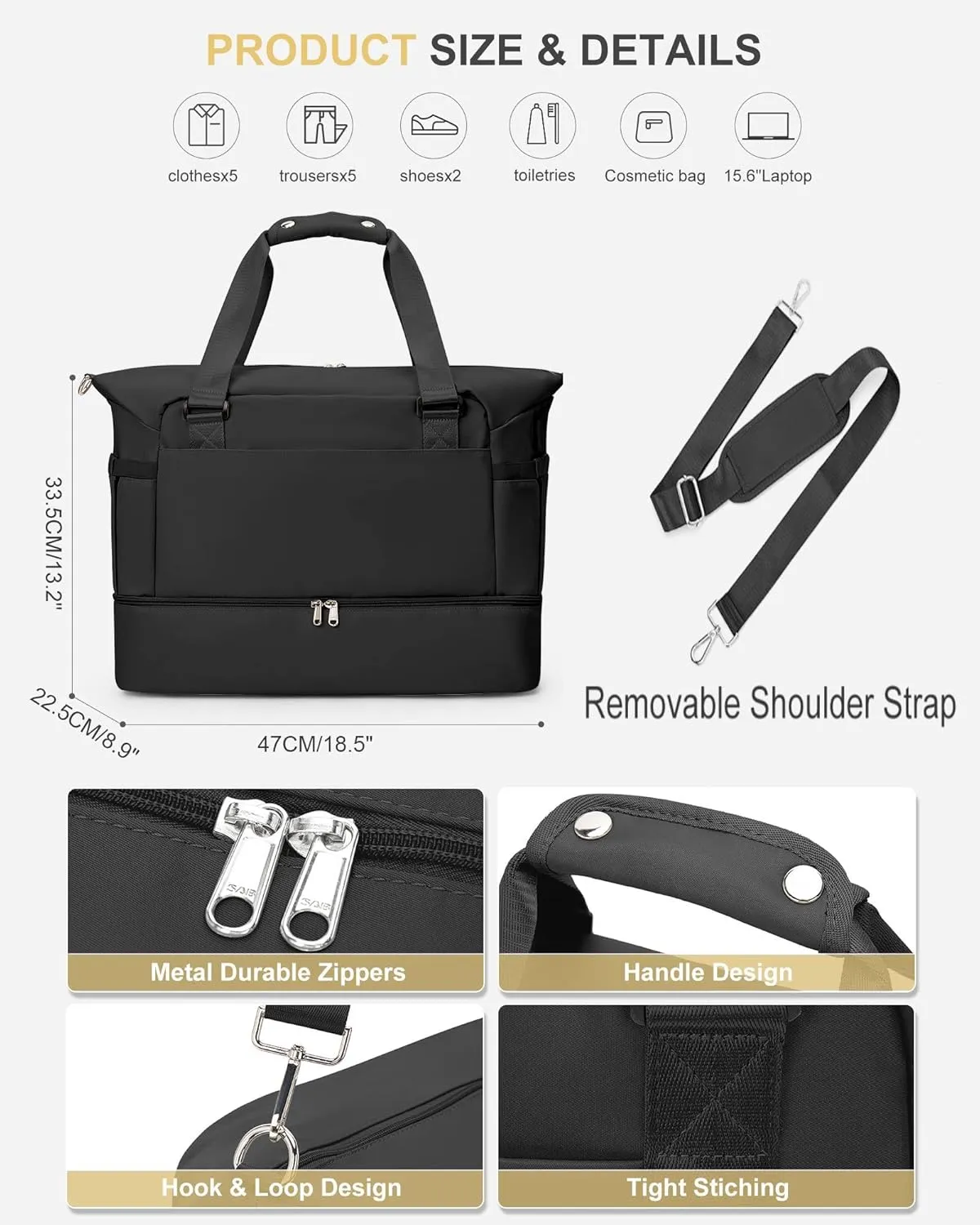 Weekender Bags for Women, Travel Duffel with Shoe Compartment USB Charging, Carry On Gym Duffle Bag with Wet Pocket, Personal Item Overnight Tote Bag for Airlines Black