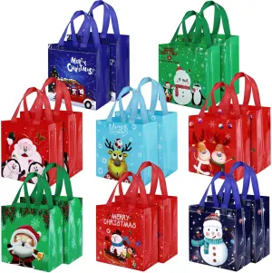 Weewooday 16 Pack Reusable Christmas Tote Bags Christmas Shopping Handbags Santa Bags Bulk Tote Gift with Handles for Xmas Santa Party Supply