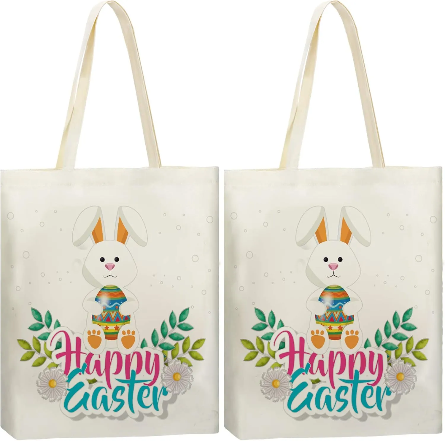 Weewooday 2 Pieces Easter Tote Bags Rabbit Egg Sacks Bag Reusable Canvas Tote Shoulder Shopping Handbag for Party Grocery Shopping Market(Happy Easter)