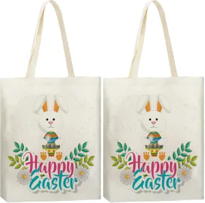 Weewooday 2 Pieces Easter Tote Bags Rabbit Egg Sacks Bag Reusable Canvas Tote Shoulder Shopping Handbag for Party Grocery Shopping Market(Happy Easter)