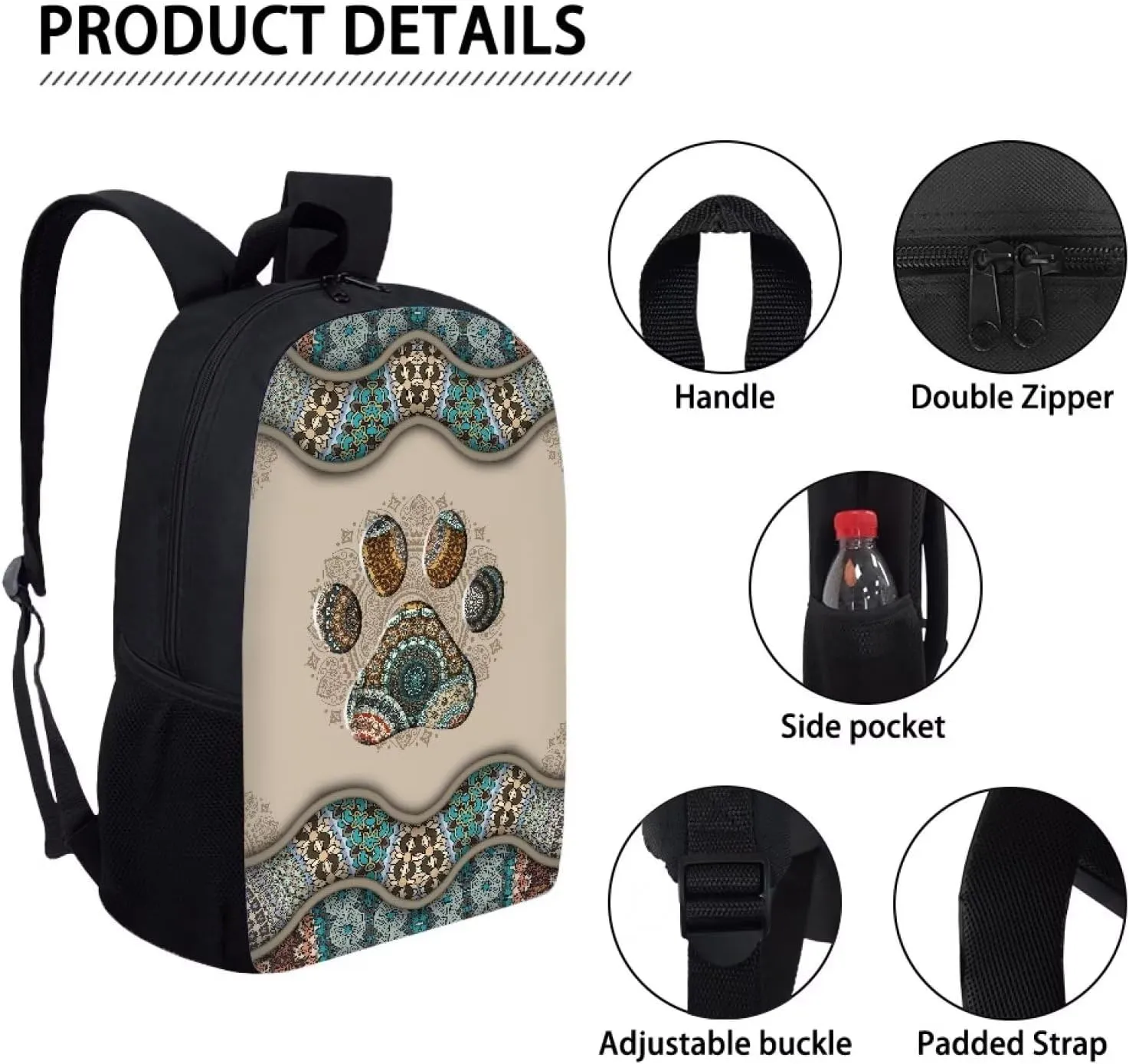 WELLFLYHOM Dog Paw School Backpack for Girls 5-8 9-12 13-15 Kids Bookbag Elementary Middle School Bag Boho Floral Back Pack Purse Junior High Schoolbag Rucksack Back to School Supplies Satchel