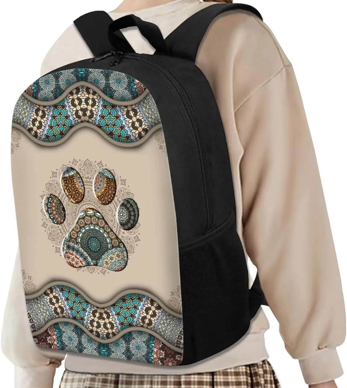 WELLFLYHOM Dog Paw School Backpack for Girls 5-8 9-12 13-15 Kids Bookbag Elementary Middle School Bag Boho Floral Back Pack Purse Junior High Schoolbag Rucksack Back to School Supplies Satchel