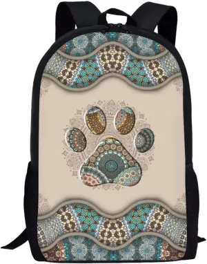 WELLFLYHOM Dog Paw School Backpack for Girls 5-8 9-12 13-15 Kids Bookbag Elementary Middle School Bag Boho Floral Back Pack Purse Junior High Schoolbag Rucksack Back to School Supplies Satchel