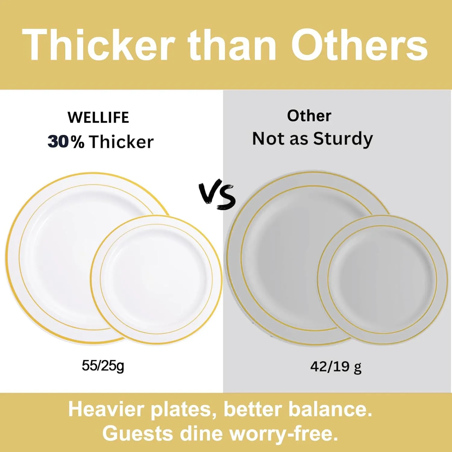WELLIFE 210 Piece Gold Plastic Dinnerware Set, Include: 30 Dinner Plates, 30 Dessert Plates, 30 Pre Rolled Napkins with Silverware and 30 Cups