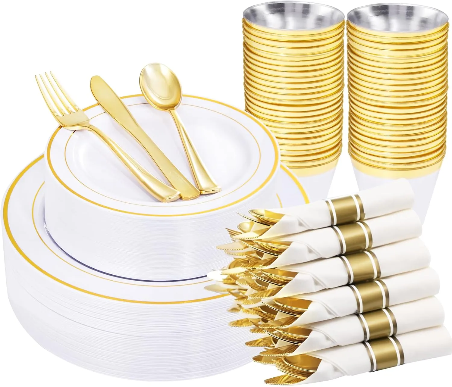 WELLIFE 210 Piece Gold Plastic Dinnerware Set, Include: 30 Dinner Plates, 30 Dessert Plates, 30 Pre Rolled Napkins with Silverware and 30 Cups