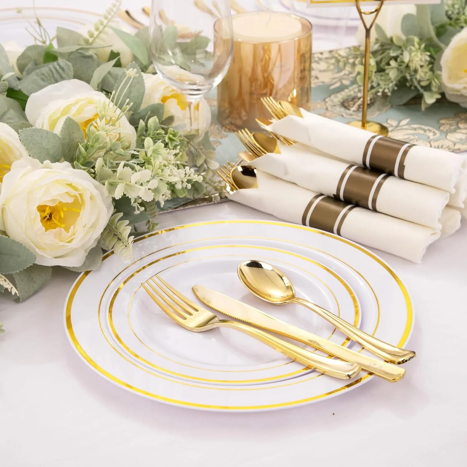 WELLIFE 210 Piece Gold Plastic Dinnerware Set, Include: 30 Dinner Plates, 30 Dessert Plates, 30 Pre Rolled Napkins with Silverware and 30 Cups
