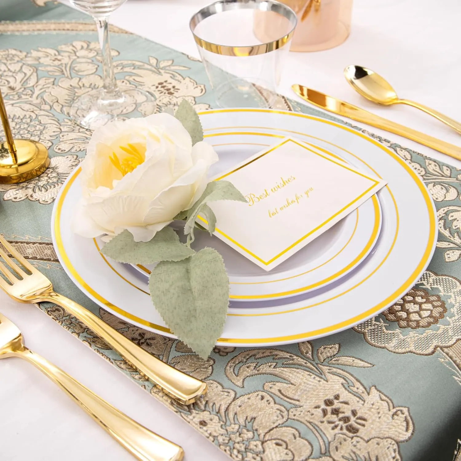 WELLIFE 210 Piece Gold Plastic Dinnerware Set, Include: 30 Dinner Plates, 30 Dessert Plates, 30 Pre Rolled Napkins with Silverware and 30 Cups
