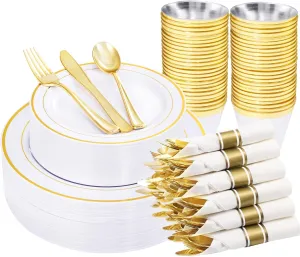 WELLIFE 210 Piece Gold Plastic Dinnerware Set, Include: 30 Dinner Plates, 30 Dessert Plates, 30 Pre Rolled Napkins with Silverware and 30 Cups