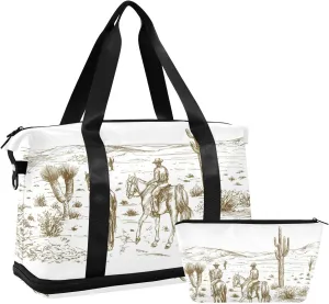 Western Desert Cowboys Gym Bag for Women Sport Travel Duffel Bag Shoulder Weekender Overnight Bags with Wet Pocket & Shoe Compartment