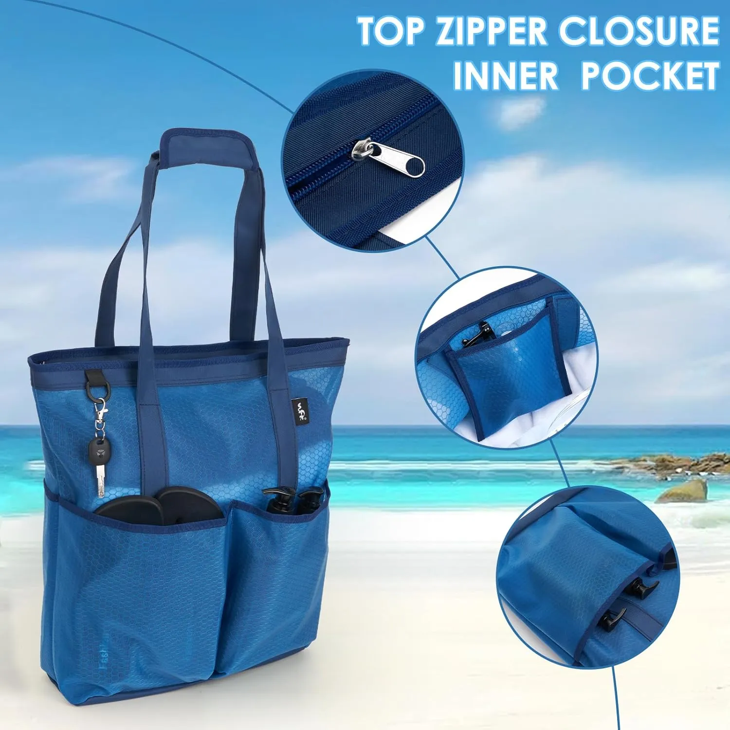 WFK Solid Mesh Beach Bag with Zipper, 6 Pockets, Waterproof, Sandproof, Perfect for Beach, Pool, Gym, Travel and Shopping